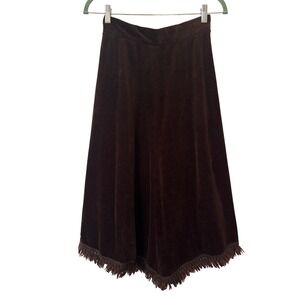 Vintage Brown Velvet Handkerchief Hem Fringe Midi Skirt High Waist Size 11-12